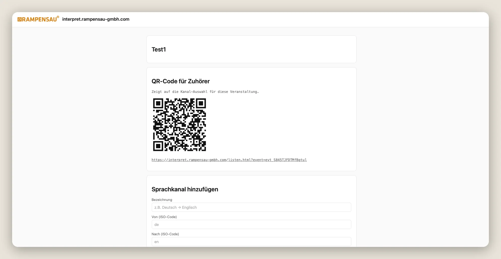 Interpret interface showing a QR code for a language channel