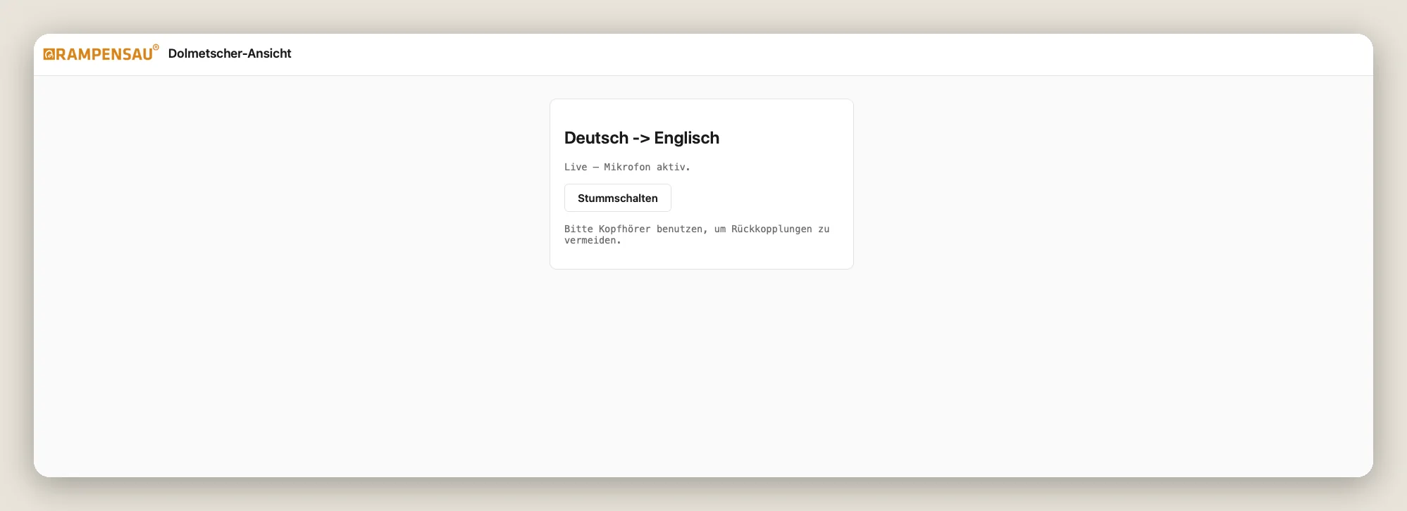 Dolmetscher-Ansicht von Interpret mit Mikrofon und Stummschaltung im Browser