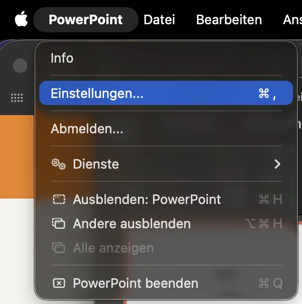 PowerPoint für Mac: Menü „PowerPoint“ mit markiertem Eintrag „Einstellungen …“