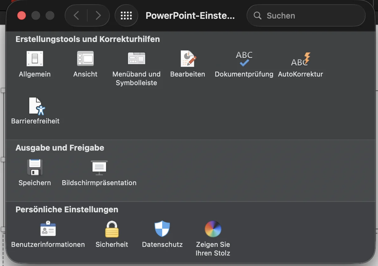 PowerPoint-Einstellungen auf dem Mac: Übersicht mit dem Symbol „Speichern“ im Bereich „Ausgabe und Freigabe“