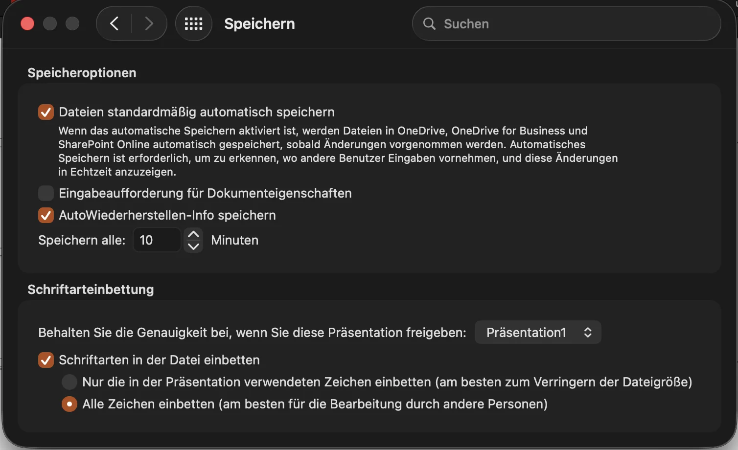 PowerPoint für Mac, Einstellungen „Speichern“: Bereich Schriftarteinbettung mit gewählter Präsentation, aktiviertem Haken „Schriftarten in der Datei einbetten“ und der Option „Alle Zeichen einbetten“